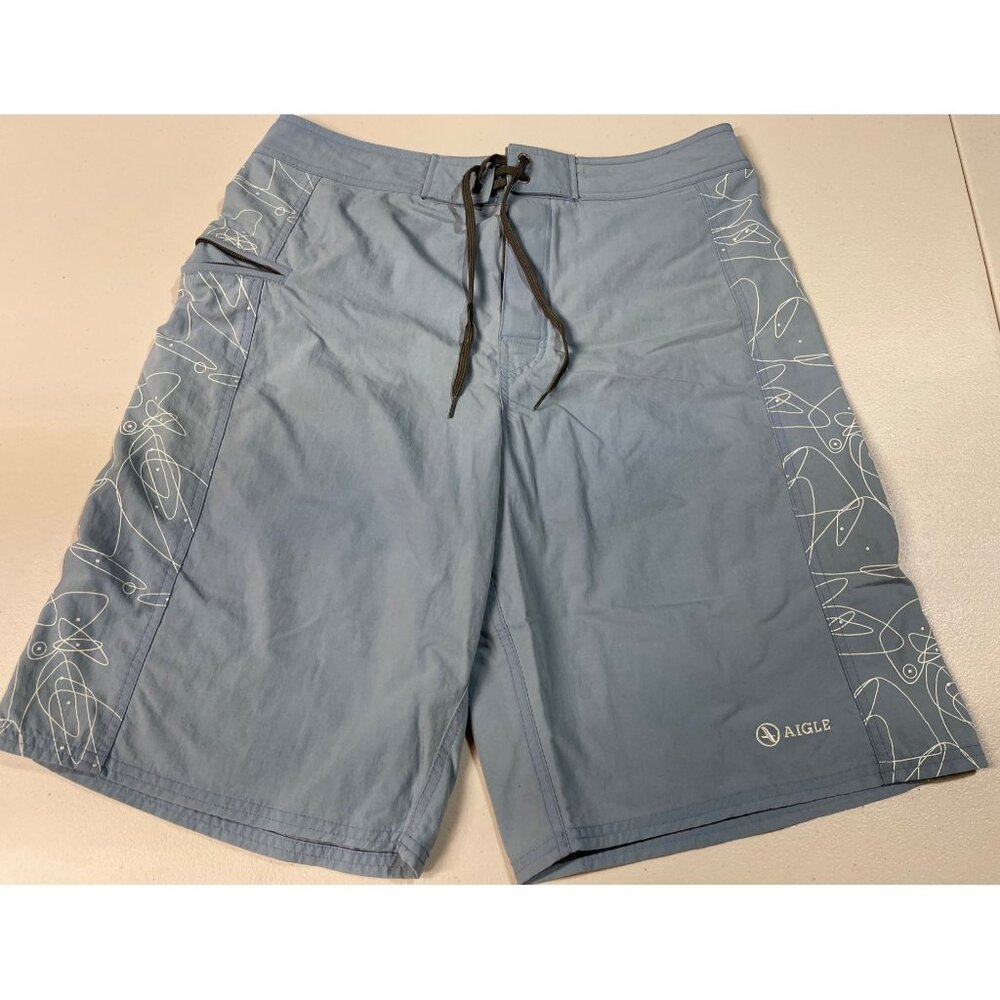 Aigle Mens Blue Board Shorts Size L With Abstract Side Pattern & Adjustable Draw